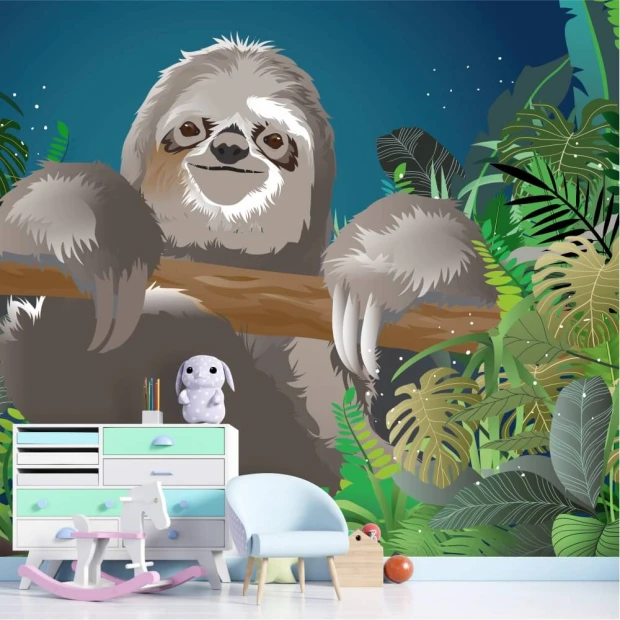 Sloth wallpaper among leaves 0386 - Decor for a child\'s room. Bright furniture and green leaves.