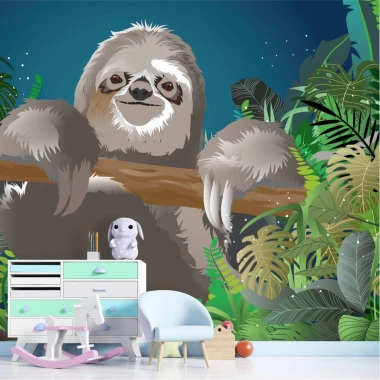 Sloth wallpaper among leaves 0386 - Decor for a child\'s room. Bright furniture and green leaves.