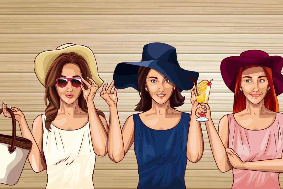 Holiday wallpaper featuring women in hats with drinks, showcasing three stylish figures.