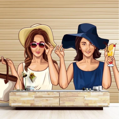 Holiday wallpaper featuring women in hats with drinks, design 0389. Two women holding drinks in stylish hats.