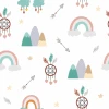 Children\'s wallpaper with Indian theme, dreamcatchers, arrows, rainbow, and mountains 0443 - Graphic design.