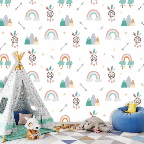 Children\'s wallpaper with Indian theme, dreamcatchers, arrows, rainbow, mountains 0443 - Bright room decor.