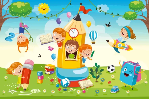 Children\'s wallpaper Learning and School, joyful play 0424 - Graphic design. Kids playing in the park surrounded by books.