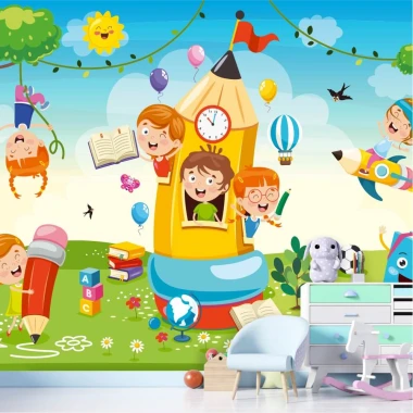 Children\'s wallpaper Learning and School, joyful play 0424 - Graphic design. Kids playing in school surrounded by books.