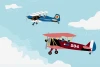 Children\'s wallpaper featuring airplanes, biplanes, and clouds with a blue plane and a star design.