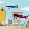 Children\'s wallpaper with airplanes, biplanes 0436 - Decorated in a child\'s room with light-colored walls and pastel furniture.