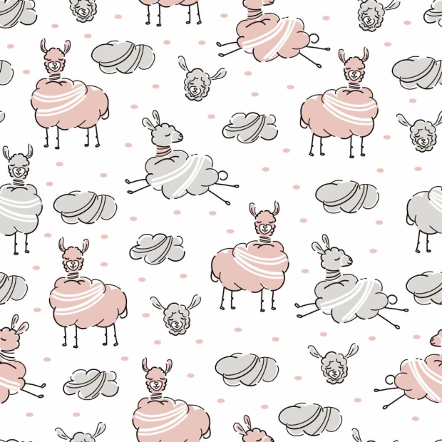 Children\'s wallpaper with llamas and clouds 0454 - Graphic design featuring llamas, clouds, and small sheep on a light background.