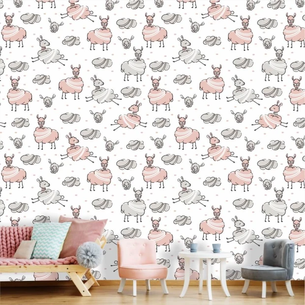 Kids\' wallpaper with llamas and clouds 0454 - Brightly colored walls and pastel furniture in a child\'s room.