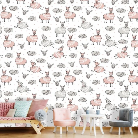 Kids\' wallpaper with llamas and clouds 0454 - Brightly colored walls and pastel furniture in a child\'s room.