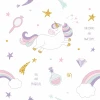 Unicorns and rainbows wallpaper for girls, featuring a graphic design on a white background with stars.
