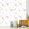 Unicorns and rainbows wallpaper for girls, featuring a graphic design with unicorns, rainbows, and stars on a white background.