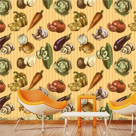 Wallpaper for dining room and kitchen, featuring a colorful vegetable design. Modern interior with light-colored walls.