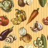 Dining room and kitchen wallpaper with colorful vegetables design 0453 - Vegetable illustrations on striped background.