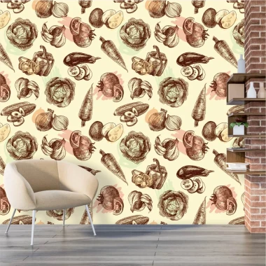 Vegetable kitchen wallpaper, illustration 0452 - Brightly colored walls with a brick wall in the background.