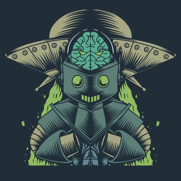 Alien wallpaper for boys\' room, featuring a robot with a large head, green brain, and wide smile.