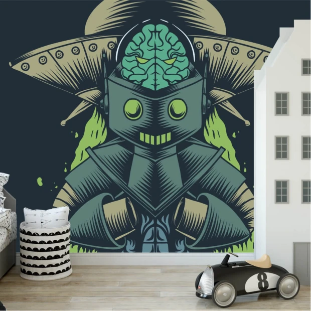 Alien Robot Wallpaper for Boys\' Room - Bright walls and modern furniture in a stylish children\'s decor.