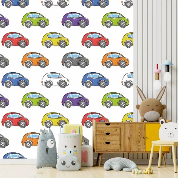 Colorful Cars Wallpaper 0416 for Boys\' Room - Bright walls with wooden accents in a children\'s room setting.