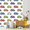 Colorful Cars Wallpaper 0416 for Boys\' Room - Bright walls with wooden accents in a children\'s room setting.