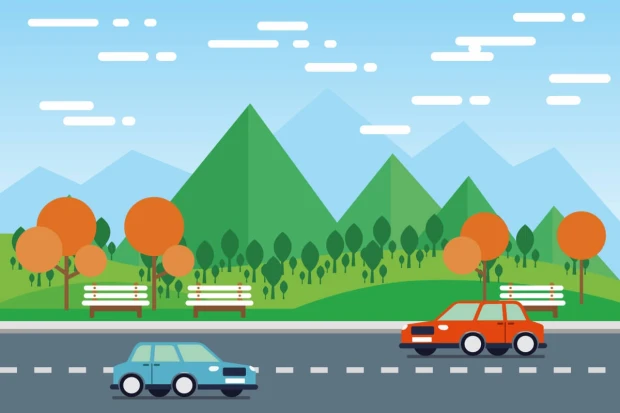 Mountain landscape wallpaper for boys\' room with cars - features two cars on the road, green mountains, and trees.