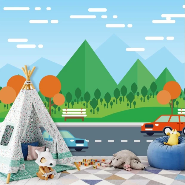 Mountain landscape wallpaper for boys\' room with cars 0414 - Brightly colored walls in a children\'s room setting.