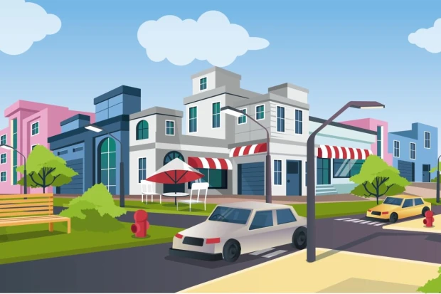 Boys\' room wallpaper featuring street intersections, buildings, and cars - Graphic design with urban scenery.