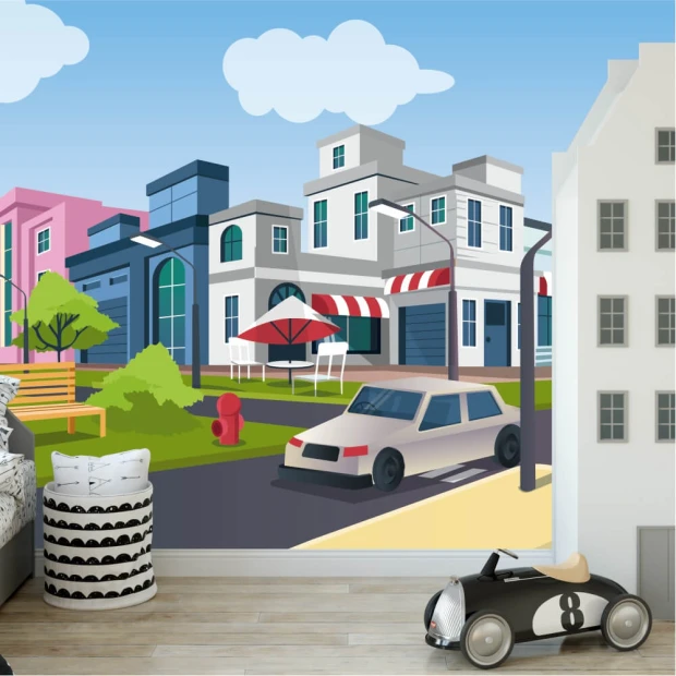 Boys\' room wallpaper featuring street intersections, buildings, and cars. Brightly colored walls for a playful decor.