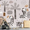 Children\'s room wallpaper Zebras, savanna 0420 - Graphic pattern with zebras, palms, and various elements on a light background.