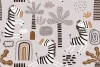 Children\'s room wallpaper Zebras, savanna 0420 - Graphic pattern with zebras, palm trees, and various elements on a light background.