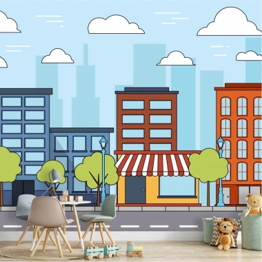 Colorful buildings wallpaper for kids\' room, featuring a street design. Bright walls and furniture complement the decor.