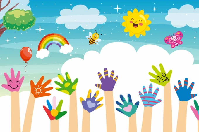 Colorful Hands Wallpaper for Kids\' Room - Features a rainbow, clouds, and sun design with hands in various colors.