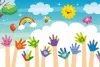 Colorful Hands Wallpaper for Kids\' Room - Features a rainbow, clouds, and sun design with hands in various colors.