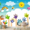 Colorful hands, rainbow, clouds, and sun wallpaper for kids\' room - Graphic design pattern.