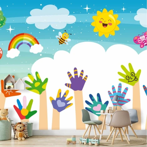 Colorful hands, rainbow, clouds, and sun wallpaper for kids\' room - Graphic design pattern.