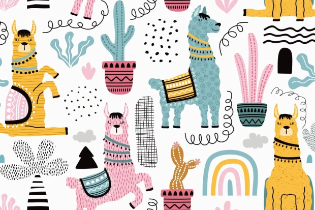 Colorful llamas and cacti wallpaper for kids\' room, featuring a graphic design on a white background.