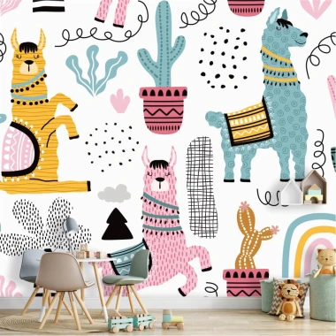 Colorful llamas and cacti wallpaper for kids\' room, featuring a graphic design with llamas in various colors and abstract elements.