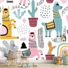 Colorful llamas and cacti wallpaper for kids\' room, featuring a graphic design with llamas in various colors and abstract elements.