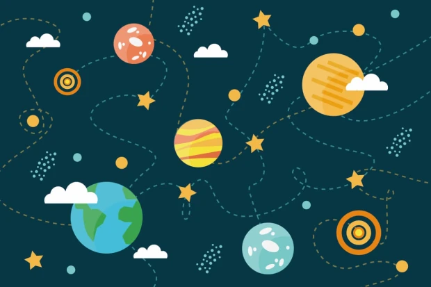 Cosmos wallpaper for kids\' room, featuring planets, clouds, and stars on a dark background. Design 0433.