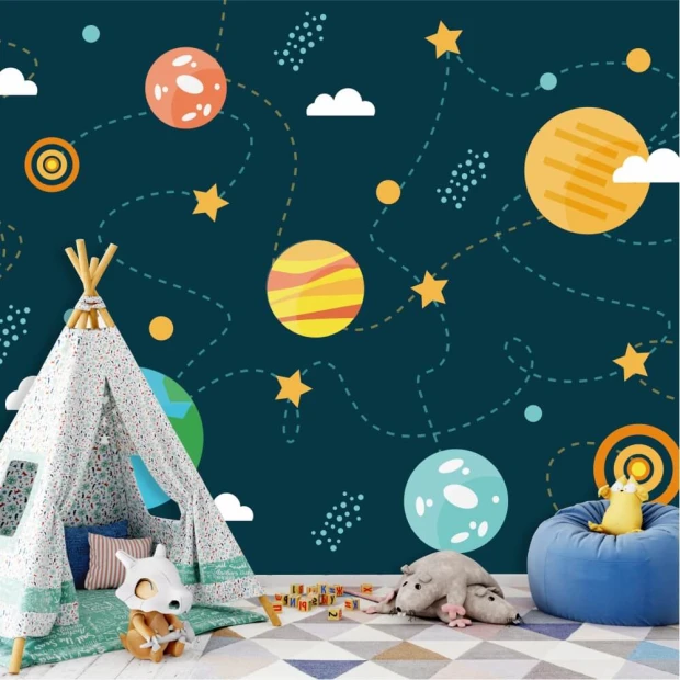 Cosmos wallpaper for kids\' room, featuring planets 0433 - Decorated in a child\'s room with dark-colored walls and accents.