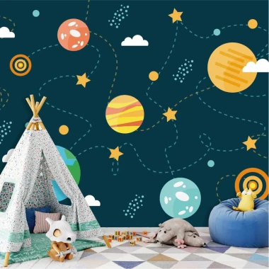 Cosmos wallpaper for kids\' room, featuring planets 0433 - Decorated in a child\'s room with dark-colored walls and accents.