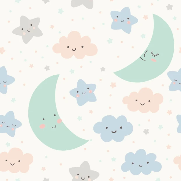 Children\'s room wallpaper with moons, stars, and clouds in pastel colors, design 0444.