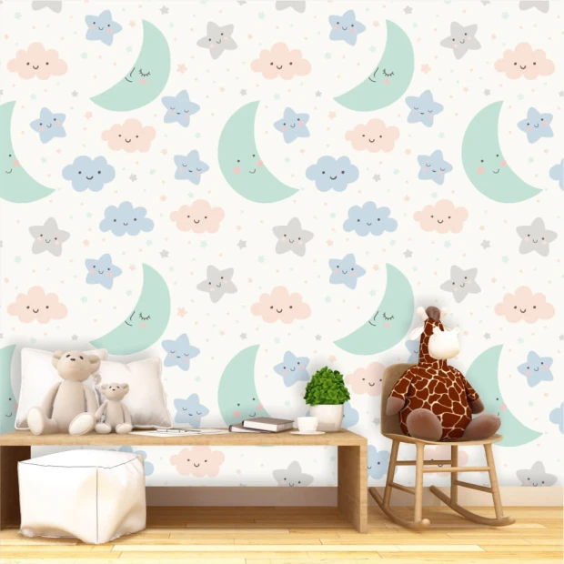 Moon, stars, and clouds wallpaper for kids\' room - bright color scheme for a cheerful decor.