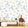 Moon, stars, and clouds wallpaper for kids\' room - bright color scheme for a cheerful decor.