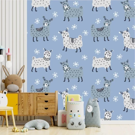 Child\'s room wallpaper Llamas, snowflakes 0451 - Decorated in a light-colored room with furniture.