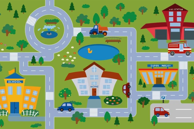 City-themed children\'s room wallpaper featuring streets, buildings, and trees. Design 0415.
