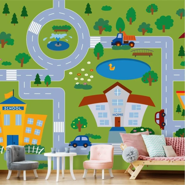 City-themed wallpaper for kids\' room, featuring streets and buildings in a bright color scheme.