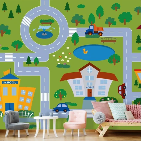 City-themed wallpaper for kids\' room, featuring streets and buildings in a bright color scheme.