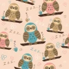 Children\'s room wallpaper Sleeping Owls 0438 - Graphic design with colorful owls on branches surrounded by flowers.