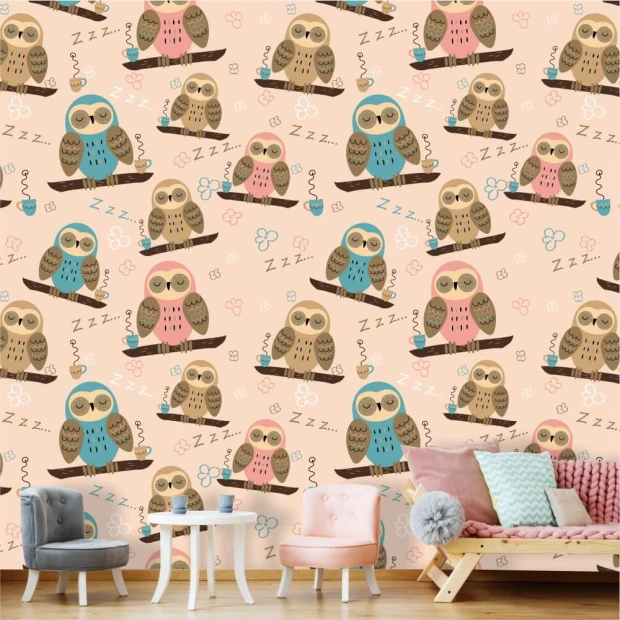 Child\'s room wallpaper Sleeping Owls 0438 - Graphic design with colorful owls on branches, flowers, and clouds.