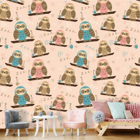Child\'s room wallpaper Sleeping Owls 0438 - Graphic design with colorful owls on branches, flowers, and clouds.