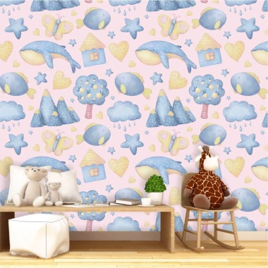 Whale, heart, house, and tree wallpaper for kids\' room - Brightly colored wall decor for children\'s spaces.